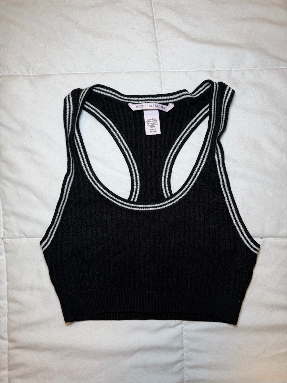Victoria's Secret Black Ribbed Racerback Crop Bralette with White Trim
